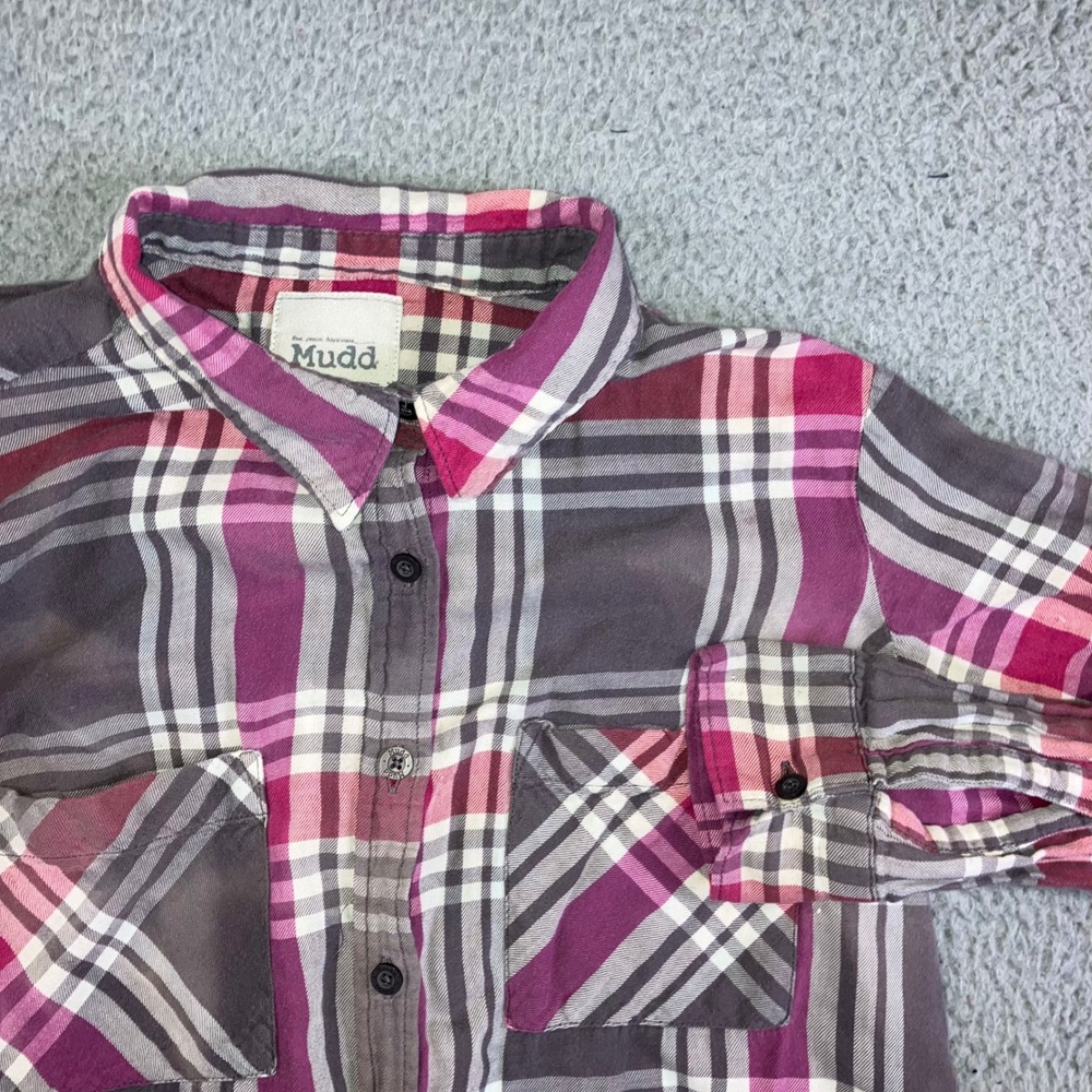 Plaid Button Up Shirt Women M Purple Pink Bleached Retro Rustic Cabin Western